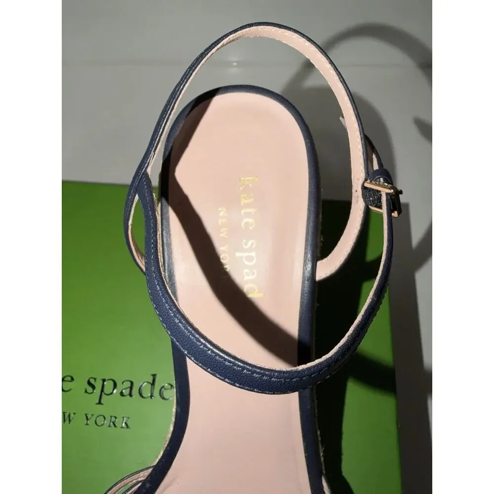 Kate Spade Tessa Navy Blue Leather Espadrille Wedge Sandals Size 11 B EUC